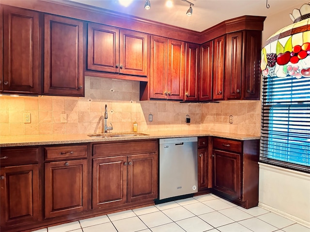 1 Olde Wagon Rd, Warwick, NY 10990 - kitchen featuring dishwasher, a sink, decorative backsplash, light stone counters, and light tile patterned floors