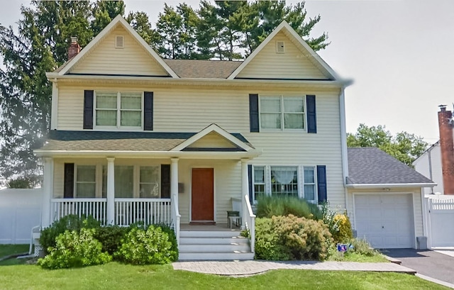 view of front of home featuring covered porch, a garage, a chimney, roof with shingles, and asphalt driveway