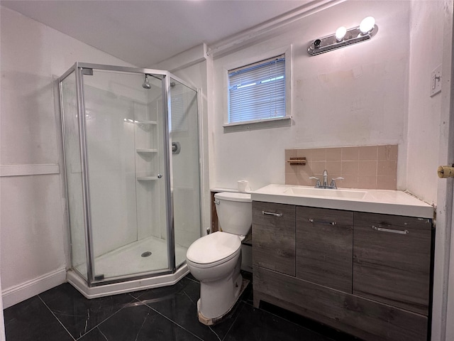 42 Blacker St, Brentwood, NY 11717 - bathroom with a stall shower, vanity, toilet, decorative backsplash, and baseboards