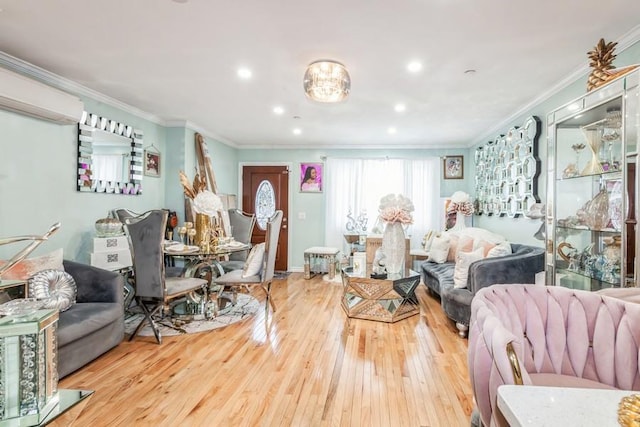 23118 145th Ave, Springfield Gardens, NY 11413 - living room with wood-type flooring, ornamental molding, recessed lighting, and an AC wall unit