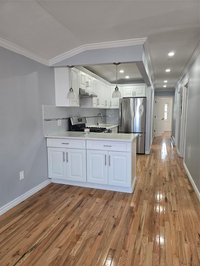 23118 145th Ave, Springfield Gardens, NY 11413 - kitchen with stainless steel appliances, under cabinet range hood, light wood-style floors, a peninsula, and ornamental molding