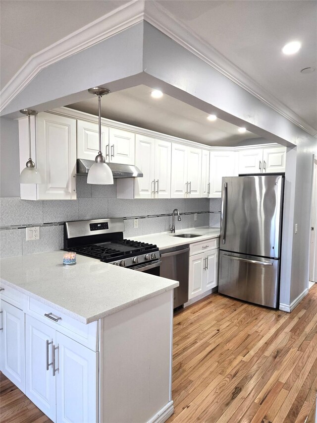 23118 145th Ave, Springfield Gardens, NY 11413 - kitchen with appliances with stainless steel finishes, crown molding, white cabinetry, a sink, and under cabinet range hood