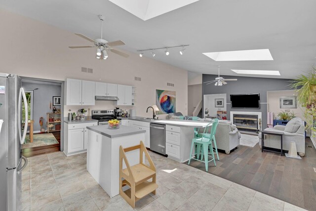 6 Edgewater Rd, Poughkeepsie, NY 12603 - kitchen featuring a skylight, stainless steel appliances, ceiling fan, a sink, and under cabinet range hood