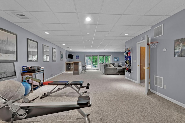 6 Edgewater Rd, Poughkeepsie, NY 12603 - exercise area featuring baseboards, carpet flooring, a paneled ceiling, and recessed lighting
