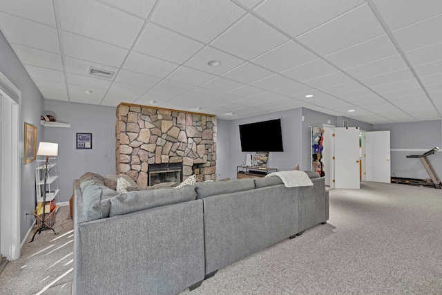 6 Edgewater Rd, Poughkeepsie, NY 12603 - living area featuring a drop ceiling, carpet, a fireplace, baseboards, and recessed lighting