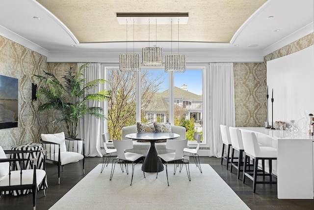 34 Westbridge Rd, Westhampton Beach, NY 11978 - dining room featuring a tray ceiling and dark wood-style floors