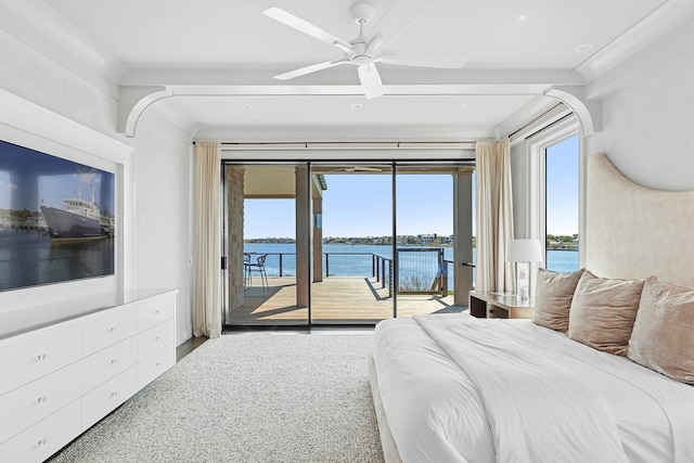 34 Westbridge Rd, Westhampton Beach, NY 11978 - bedroom with access to outside, multiple windows, a water view, and a ceiling fan