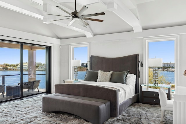 34 Westbridge Rd, Westhampton Beach, NY 11978 - bedroom featuring access to exterior, a water view, and a ceiling fan