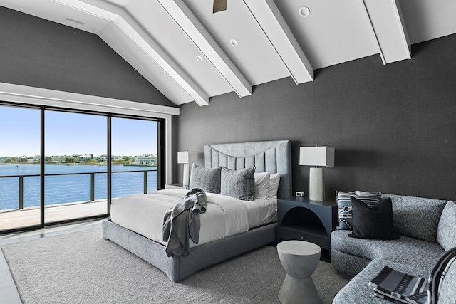 34 Westbridge Rd, Westhampton Beach, NY 11978 - bedroom with access to exterior, high vaulted ceiling, a water view, and beam ceiling