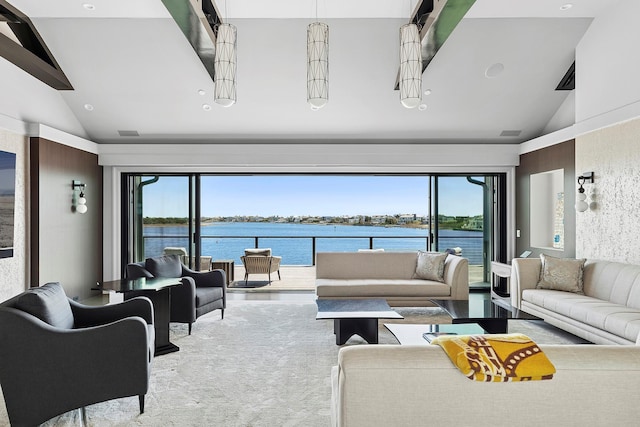 34 Westbridge Rd, Westhampton Beach, NY 11978 - carpeted living area with high vaulted ceiling and a water view