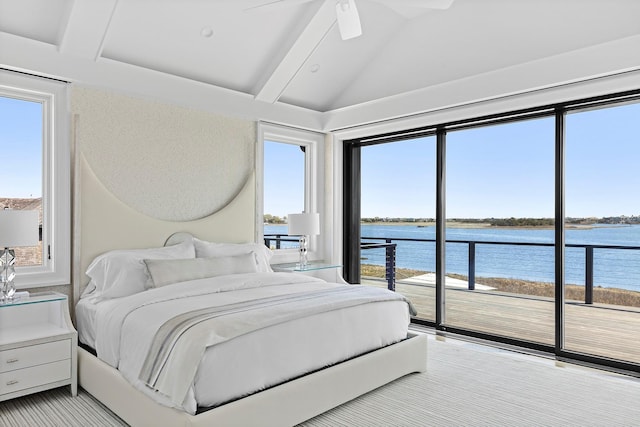 34 Westbridge Rd, Westhampton Beach, NY 11978 - bedroom with a water view, access to outside, lofted ceiling, and ceiling fan