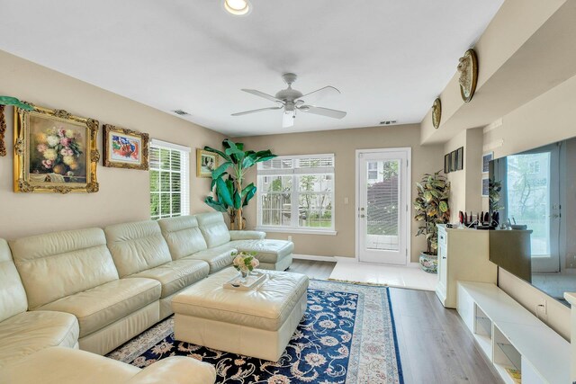 7 Marisa Dr, Middle Island, NY 11953 - living room featuring ceiling fan, light wood finished floors, recessed lighting, and baseboards