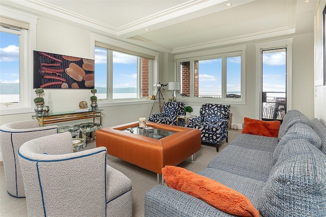 16 Rockledge Ave Unit 5D-2, Ossining, NY 10562 - carpeted living area featuring a water view and ornamental molding