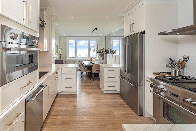 16 Rockledge Ave Unit 5D-2, Ossining, NY 10562 - kitchen with high quality appliances, wall chimney exhaust hood, light wood finished floors, a peninsula, and white cabinets