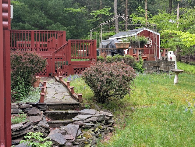 11 W Mongaup Trl, Smallwood, NY 12778 - view of yard featuring stairway, a wooden deck, and a view of trees