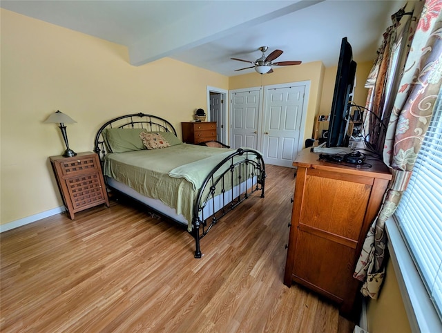 11 W Mongaup Trl, Smallwood, NY 12778 - bedroom with light wood-style floors, beamed ceiling, ceiling fan, and baseboards