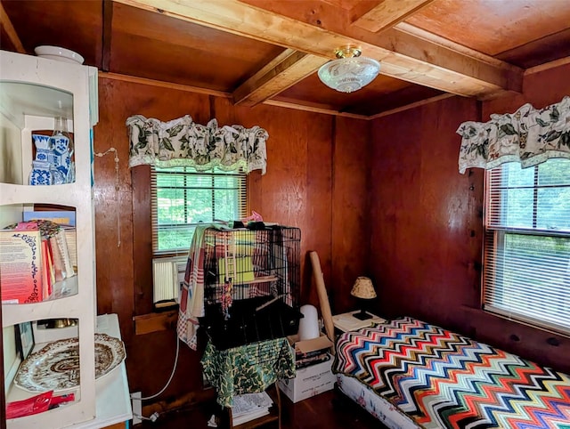 11 W Mongaup Trl, Smallwood, NY 12778 - bedroom with wooden walls, wooden ceiling with exposed beams, and coffered ceiling