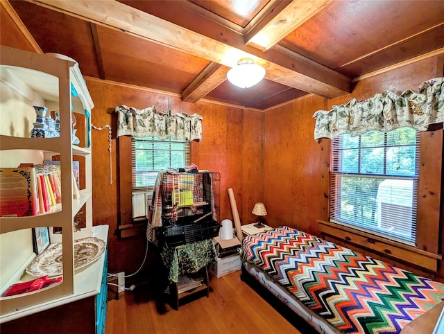 11 W Mongaup Trl, Smallwood, NY 12778 - bedroom with wood finished floors, wooden walls, and a wooden ceiling with exposed beams
