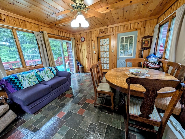 11 W Mongaup Trl, Smallwood, NY 12778 - dining space featuring wood walls, a ceiling fan, and wood ceiling