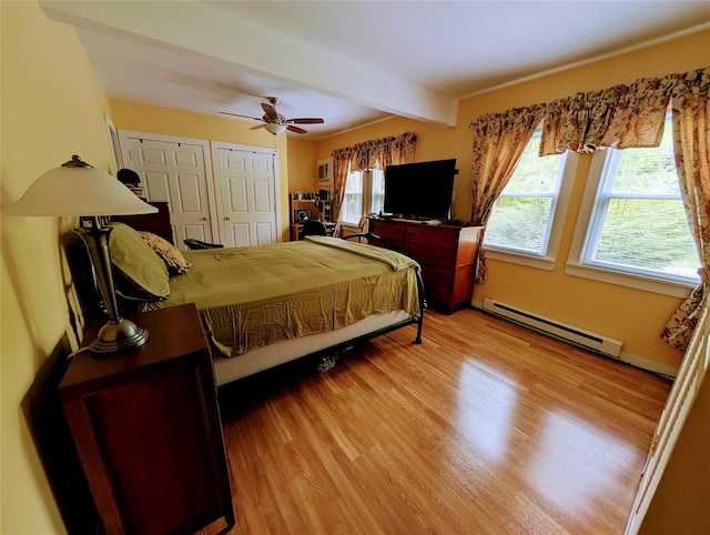 11 W Mongaup Trl, Smallwood, NY 12778 - bedroom with a baseboard radiator, light wood-style flooring, beamed ceiling, two closets, and ceiling fan