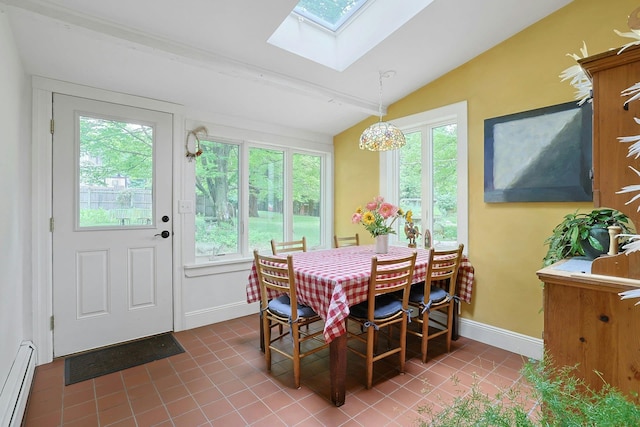 2 Amber Ridge Rd, Chestnut Ridge, NY 10977 - tiled dining area with a baseboard heating unit, a skylight, lofted ceiling, and baseboards