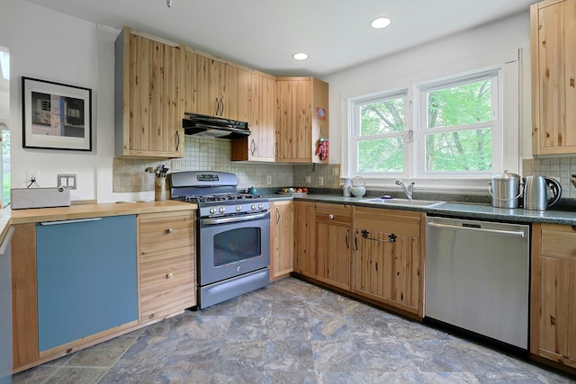 2 Amber Ridge Rd, Chestnut Ridge, NY 10977 - kitchen with stainless steel appliances, extractor fan, a sink, backsplash, and light brown cabinetry