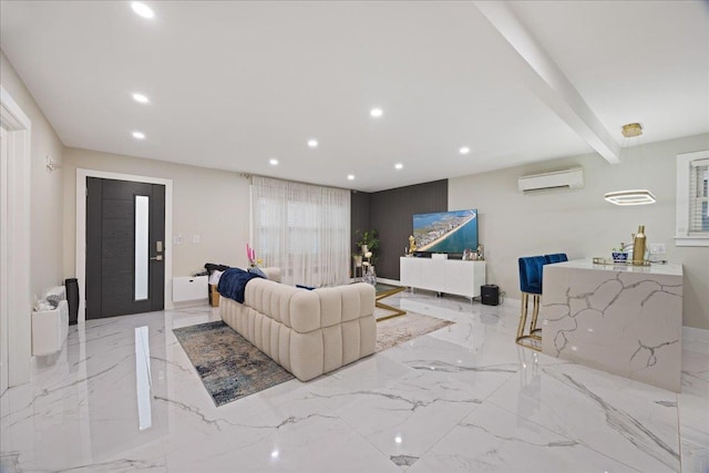 living room featuring a wall unit AC, marble tiled floors, recessed lighting, baseboards, and beamed ceiling
