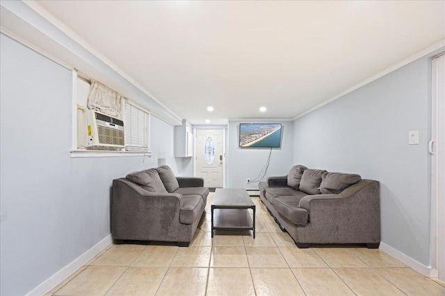 living room featuring crown molding, baseboards, light tile patterned flooring, cooling unit, and recessed lighting