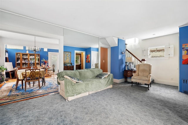 42 Longview Ave, White Plains, NY 10605 - living area featuring a chandelier, carpet flooring, and stairs