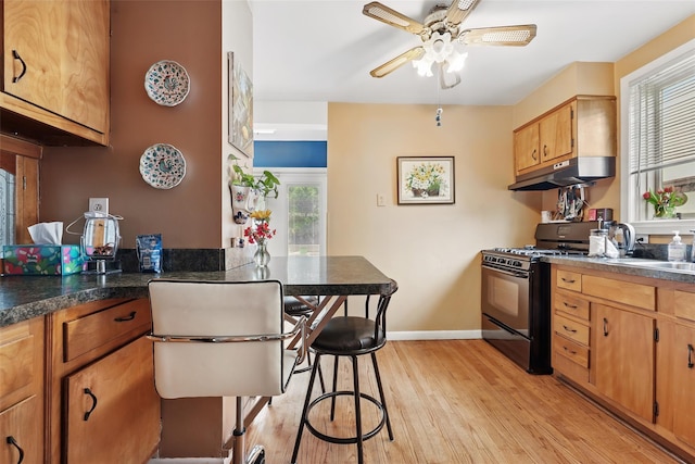 42 Longview Ave, White Plains, NY 10605 - kitchen with gas stove, under cabinet range hood, light wood-style floors, a ceiling fan, and dark countertops