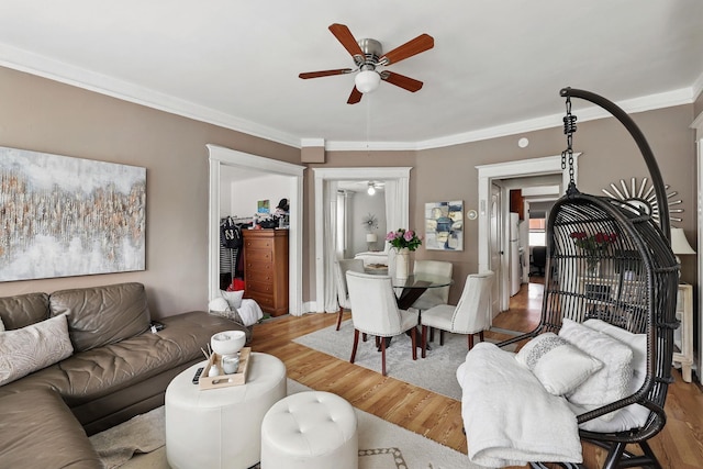 40 Longview Ave, White Plains, NY 10605 - living room featuring a ceiling fan, wood finished floors, and crown molding