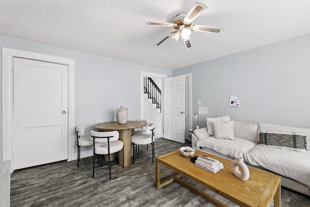 40 Longview Ave, White Plains, NY 10605 - living area with stairway, dark wood-style floors, and a ceiling fan