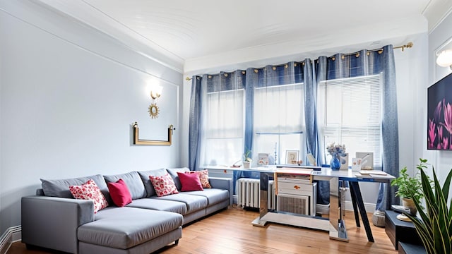 living room with radiator, ornamental molding, and wood finished floors