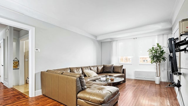 living area featuring wood-type flooring and baseboards