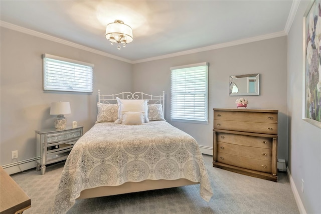 bedroom with baseboard heating, crown molding, baseboards, and a chandelier