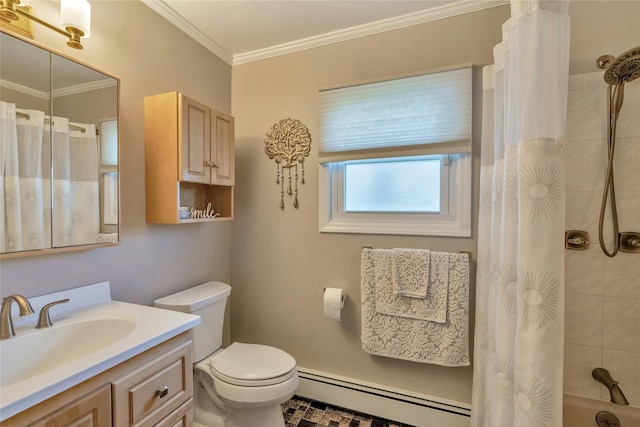 bathroom featuring baseboard heating, toilet, vanity, ornamental molding, and shower / bath combo with shower curtain