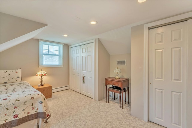 bedroom featuring baseboard heating, light colored carpet, and recessed lighting