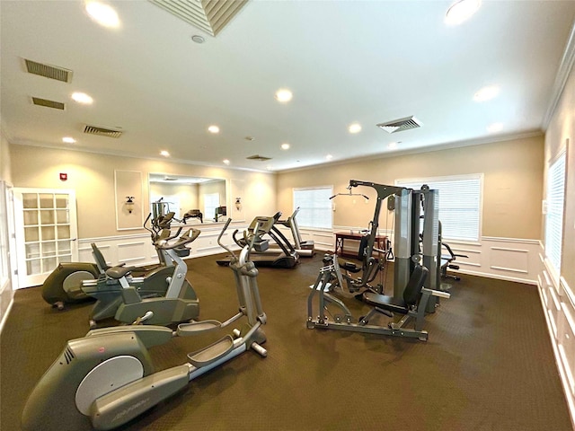 19 Brighton Dr Unit 1703, Newburgh, NY 12550 - gym with ornamental molding, a decorative wall, healthy amount of natural light, a wainscoted wall, and recessed lighting