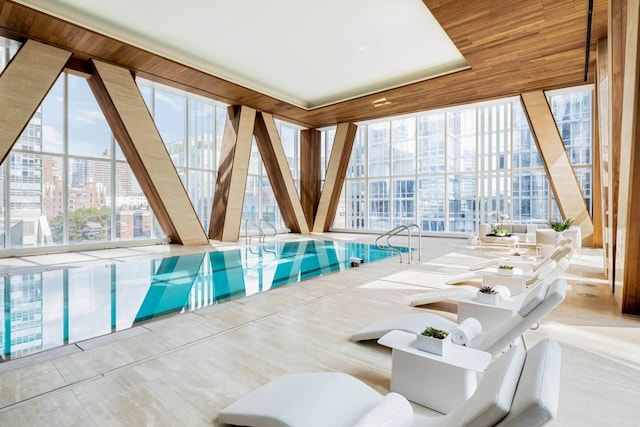 indoor pool featuring a view of city