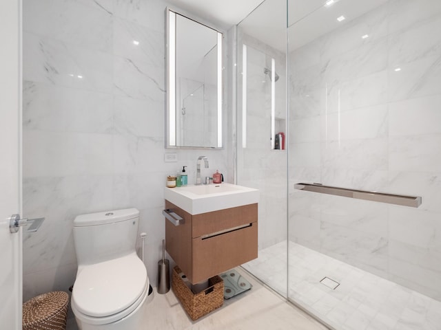 1 W End Ave Unit 26D, New York Manhattan, NY 10023 - full bathroom featuring vanity, walk in shower, toilet, and tile walls