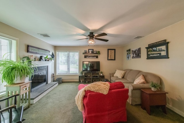 15 Marshall Dr, Poughkeepsie, NY 12601 - carpeted living area featuring a ceiling fan and a glass covered fireplace