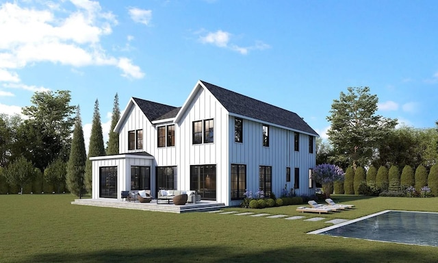 3 Dellaria Ave, Southampton, NY 11968 - rear view of house featuring an outdoor living space, board and batten siding, a lawn, and roof with shingles