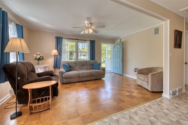31 Bayberry Ln, Sag Harbor, NY 11963 - living area with ceiling fan, ornamental molding, and baseboards