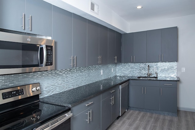 kitchen with stainless steel appliances, a sink, dark stone countertops, backsplash, and light wood-type flooring