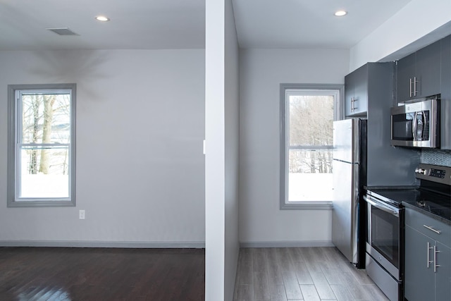 kitchen with appliances with stainless steel finishes, light wood-style floors, plenty of natural light, and recessed lighting