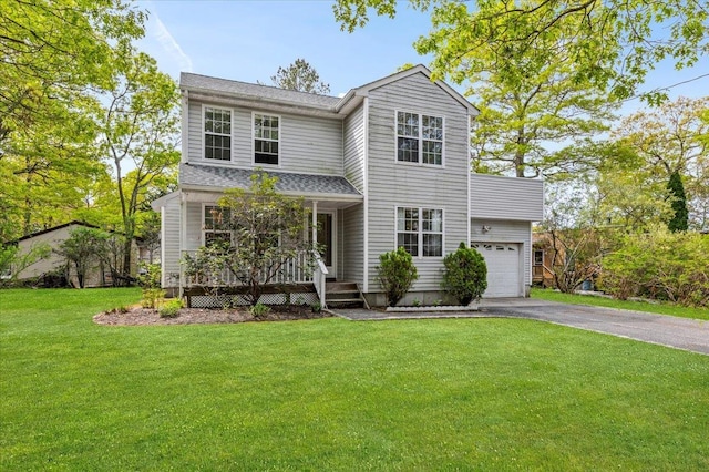 53 Shore Rd, Hampton Bays, NY 11946 - traditional-style home with driveway, covered porch, a front lawn, and an attached garage
