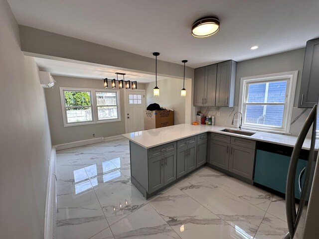 40 Allen St, New Hyde Park, NY 11040 - kitchen featuring gray cabinetry, a sink, light marble finish flooring, a peninsula, and light countertops