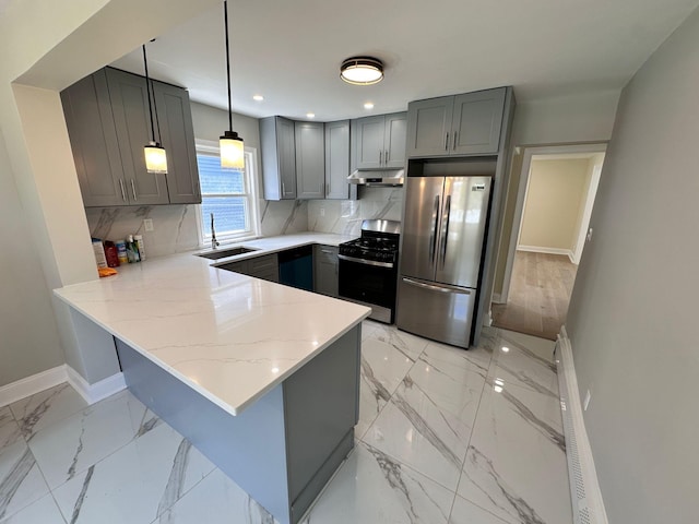 40 Allen St, New Hyde Park, NY 11040 - kitchen featuring stainless steel appliances, under cabinet range hood, a sink, gray cabinets, and recessed lighting