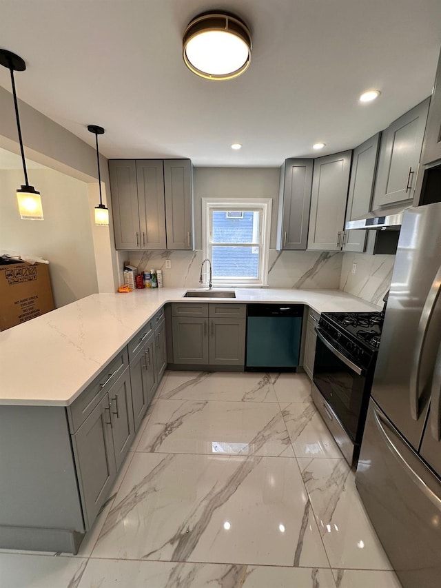 40 Allen St, New Hyde Park, NY 11040 - kitchen featuring stainless steel appliances, gray cabinets, light marble finish floors, and recessed lighting