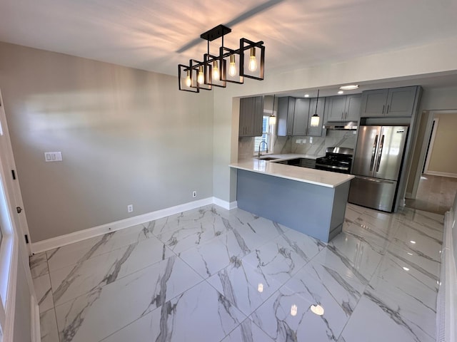 40 Allen St, New Hyde Park, NY 11040 - kitchen with appliances with stainless steel finishes, gray cabinetry, a sink, and baseboards